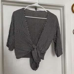 Black & White Striped Tie-Front Women's Top